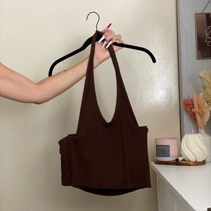Brown Cropped Ribbed Halter Top